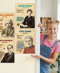 16 Piece Famous Scientists Posters Classroom Set With Retro Science Quotes Inspiring Bulletin Board Decor For Middle And High School Library Hallway Wall Art For STEM Classrooms And Study Corners featuring posters of Albert Einstein, Marie Curie, and Vera Rubin displayed in a classroom setting with a smiling girl.