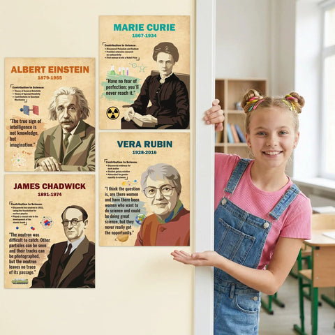 16 Piece Famous Scientists Posters Classroom Set With Retro Science Quotes Inspiring Bulletin Board Decor For Middle And High School Library Hallway Wall Art For STEM Classrooms And Study Corners featuring posters of Albert Einstein, Marie Curie, and Vera Rubin displayed in a classroom setting with a smiling girl.