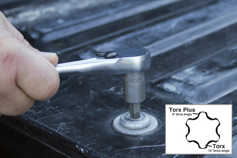 Hand using Torx Plus Bolt Set 9 Piece for Automotive Use Pro Grade With Popular Torx Plus Sizes on metal surface