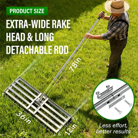 Heavy Duty 36x12 Inch Lawn Leveling Rake With Stainless Steel Build And Adjustable 78 Inch Handle illustration