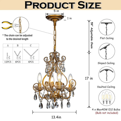 Four Light Crystal Chandelier in Antique Gold 14 Inch Diameter Dining Room Pendant Swag Light With Teardrop Beads Vintage Gothic Style Adjustable 76 Inch Chain E12 Bulb Compatible Bulbs Not Included, showing dimensions and ceiling compatibility