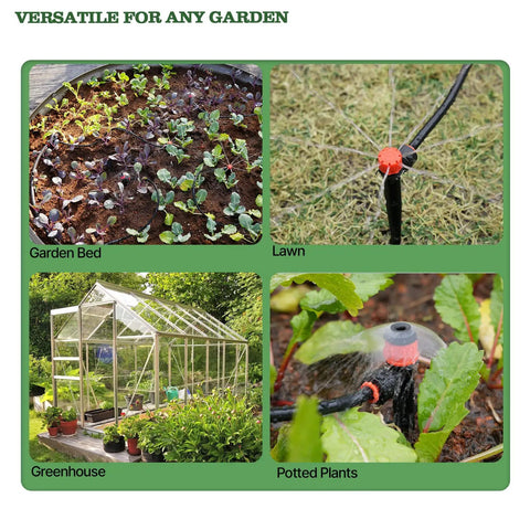230-Foot All-In-One Drip Irrigation Kit watering garden bed, lawn, greenhouse, and potted plants with emitters