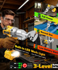 Top Rated Cordless Metal Shear Compatible With Dewalt 20V And 60V Battery Tools, showing LED light and battery indicators.