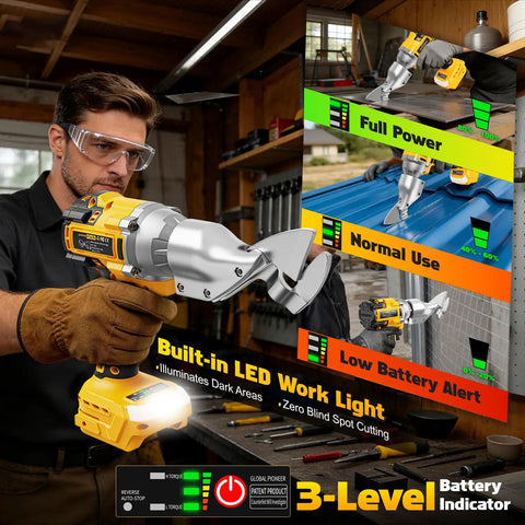 Top Rated Cordless Metal Shear Compatible With Dewalt 20V And 60V Battery Tools, showing LED light and battery indicators.