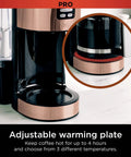 Programmable XL 14 Cup Barista Grade Coffee Maker Pro With Permanent Filter Classic Or Rich Brew Delay Brew Freshness Timer Keep Warm Dishwasher Safe Copper Finish showing adjustable warming plate.