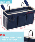 Navy canvas bedside caddy with pockets and measurements, Bedside Caddy Hanging Organizer For Beds And Rails, hooks included.