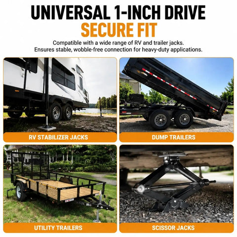 Heavy Duty Trailer Jack Drill Adapter Kit With A Rock Solid Zero Wobble Hex Socket For Dead Tight Torque And No Fuss RV Camper Hauler Maintenance showcasing universal 1-inch drive fit for RV, dump, utility, and scissor jacks.