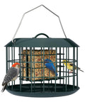 Squirrel Proof Suet Feeder For Outdoors Hanging All Metal Cage Bird Feeder With Double Suet Cake Capacity Tray And Weatherproof Green Finish