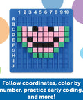 STEM Explorers Pixel Art Challenge Kit For Kids with foam pixel heart on 10x10 numbered blue tray for hands-on learning.