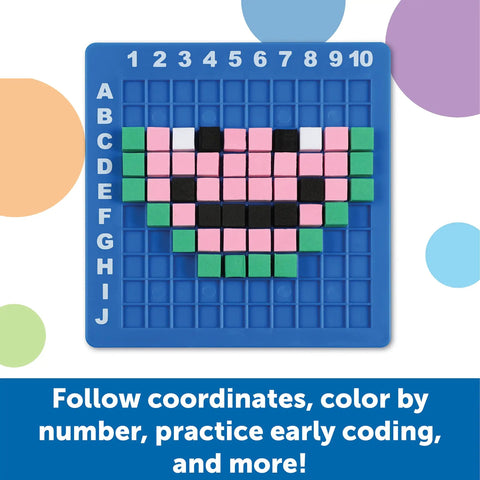 STEM Explorers Pixel Art Challenge Kit For Kids with foam pixel heart on 10x10 numbered blue tray for hands-on learning.