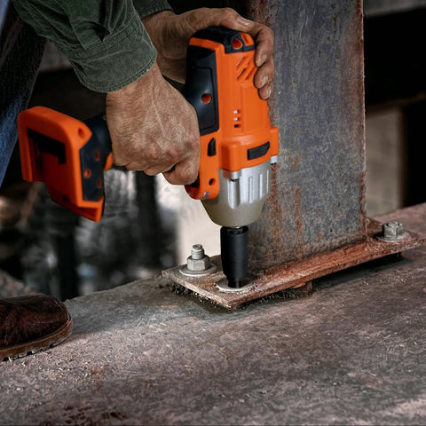 Person using power tool with Screw Extractor Set 10 Piece Hex Head Easy Outs For Stripped Fasteners MultiSpline EZ Out Kit installed on metal beam.