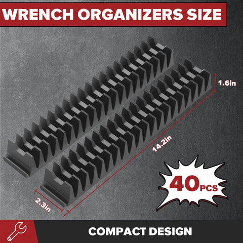 40 Piece Modular Wrench Organizer Set For Drawer Storage With Metric And SAE Labels, shown from above with dimensions.