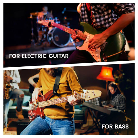 Musicians playing guitar and bass guitar, showcasing Dual Stomp Multi Effects Guitar Pedals Dope Rechargeable Processor use.