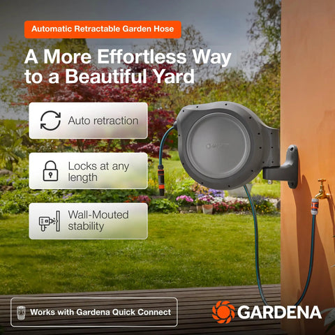 Auto Retracting Garden Hose Reel With 100 Feet Of Flexible Hose and 180 Degree Swivel Wall Mount in garden setting