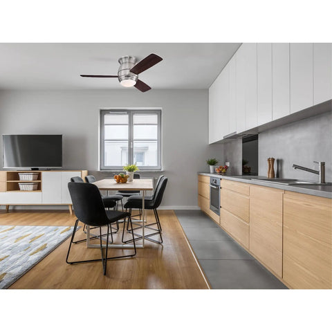 44 Inch Oil Rubbed Bronze Indoor Outdoor Ceiling Fan With Dimmable LED Light Kit in modern kitchen with wood tones and seating area.