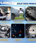 Collage highlighting car issues: oily smell, difficult starts, sputtering engine, fuel gauge, engine and dashboard.