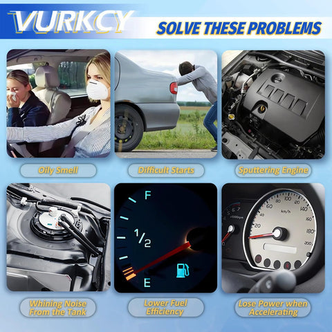 Collage highlighting car issues: oily smell, difficult starts, sputtering engine, fuel gauge, engine and dashboard.