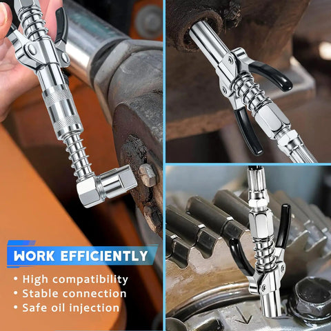 All In One Beefed Up Grease Gun Fittings Accessory Kit With 90 Degree Coupler And Sleeves shown in use on machinery
