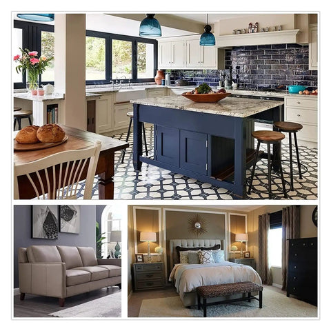 Modern kitchen with granite island, black tiles, and decorative furniture in a cozy living space.