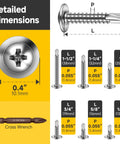 Diagram of 185 Piece Self Tapping Screws Assortment Kit For Metal 410 Stainless Steel Truss Head Self Drilling Screws sizes #8 and #10.