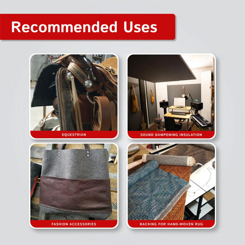 Recommended uses for F15 Industrial Felt: equestrian gear, sound dampening insulation, fashion accessories, rug backing.