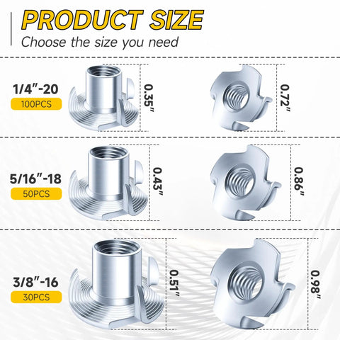 180 Pcs T Nuts Set With 4 Pronged Blind T Nuts In 1/4-20, 5/16-18, 3/8-16 Sizes Pro Grade Zinc Plated Alloy Steel For Woodworking Projects
