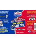 Label of 80W-90 gear oil quart with heavy duty protection, anti-wear, and slick lubricity features.