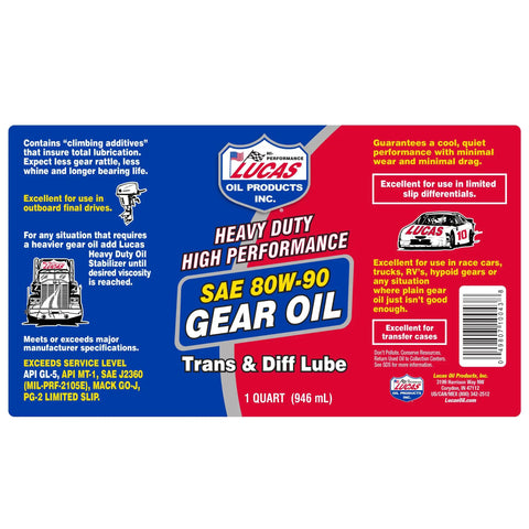 Label of 80W-90 gear oil quart with heavy duty protection, anti-wear, and slick lubricity features.