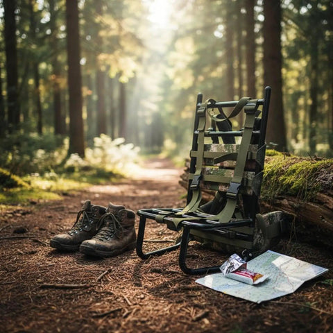 Lightweight Aluminum Backpack Frame For Hiking And Mountaineering sits on forest path with boots and map