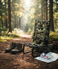 Lightweight Aluminum Pack Frame For Hiking And Backpacking Gear in forest with boots and map, heavy duty load bearing up to 75 kg.