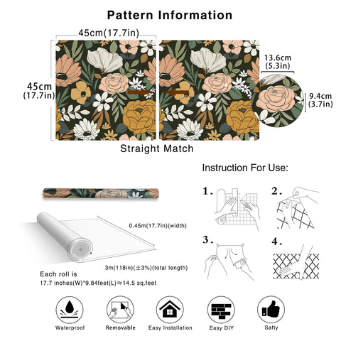 Vintage Floral Peel And Stick Wallpaper With Daisy Leaf Pattern In Black Sand And Olive Vinyl Self Adhesive Contact Paper For Walls 17.7 In By 9.8 Ft Removable Repositionable And Renter Friendly, pattern details and instructions