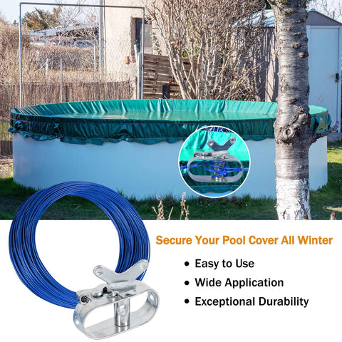 Heavy Duty Pool Cover Winch and Cable Kit for Above Ground Pools, 102 Ft Wire and Winch, Blue, shown securing a pool cover