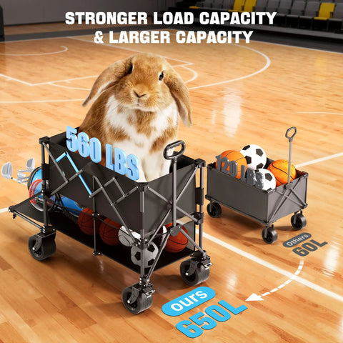 52 Inch Heavy Duty Double Decker Wagon With Brakes 560 Lbs Load All Terrain Big Wheels Collapsible Folding Wagon Cart, rabbit and balls inside.