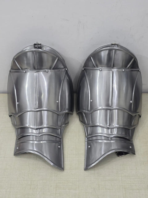 Epic Medieval Pauldron Armor Set Spaulders Pair For Cosplay And LARP Battle Ready Warrior Costume with silver metallic finish
