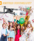 Foldable Kids Drone With 1080P HD Camera capturing kids' party with balloons and confetti, promoting gesture photography.