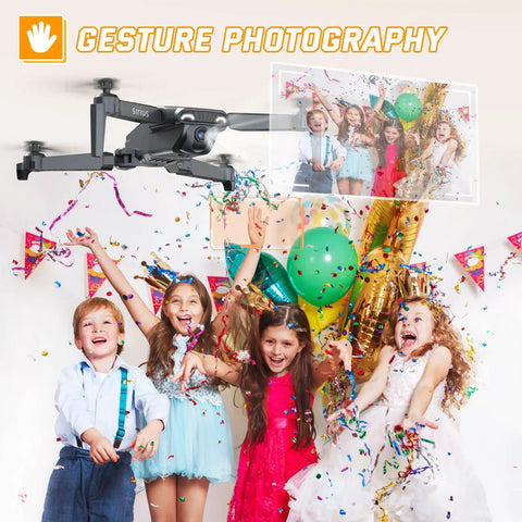 Foldable Kids Drone With 1080P HD Camera capturing kids' party with balloons and confetti, promoting gesture photography.