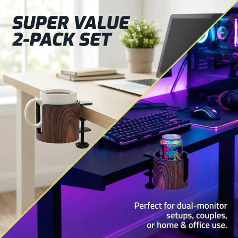Two Pack Desk Cup Holder Clamp On No Tools Needed For 40oz Tumblers Anti Spill Fits Desks From 0.2 To 2 Inches Thick Easy Install Walnut Finish