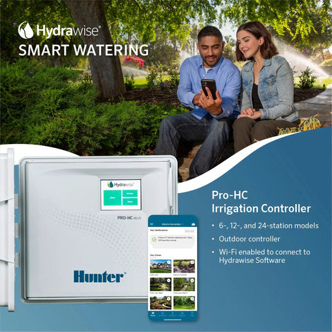 Couple using app by Hydrawise Pro HC 24 Station WiFi Smart Sprinkler Controller for outdoor irrigation with weather-based control.