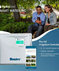 Hydrawise Pro HC 12 Zone WiFi Smart Sprinkler Controller All In One For Outdoor Irrigation With A Touchscreen And Weather Based Scheduling Remote Access From Anywhere Easy Zone Management And Flexible Scheduling For Lawn Garden And Landscape shown with app interface and users outdoors.