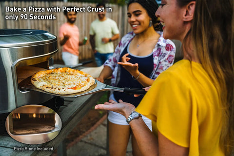 Outdoor Pizza Oven On The Go For Gas Or Propane Cooking, Portable Cordierite Stone Surface, Demi Dome Design with pizza