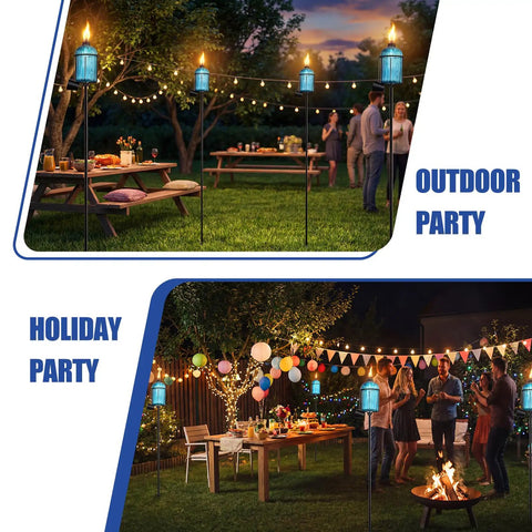 4 Pack Glass Garden Torch Set With 13.5 Oz Citronella Oil, 61 Inch Adjustable Blue Outdoor Torches for patio and party lighting