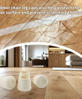Built Tough White One Inch Round Chair Leg Caps Soft Rubber Floor Savers Anti Slip Furniture Pads on hardwood floor.