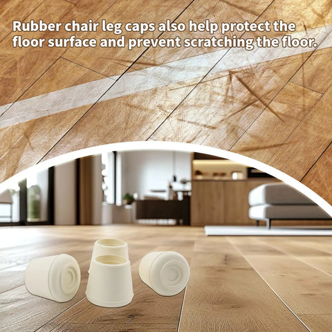 Built Tough White One Inch Round Chair Leg Caps Soft Rubber Floor Savers Anti Slip Furniture Pads on hardwood floor.