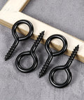 10 Pack Tough As Nails M6 Eye Screws 2.2 Inch Black Heavy Duty Carbon Steel Self Tapping Screw Eye Hooks close-up view.