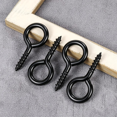 10 Pack Tough As Nails M6 Eye Screws 2.2 Inch Black Heavy Duty Carbon Steel Self Tapping Screw Eye Hooks close-up view.