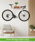 Wood Bike Wall Mount With Shelf And Hooks, All In One Road Bike Storage Rack For Helmets, Shoes, Gloves, Goggles, And Gear in living room