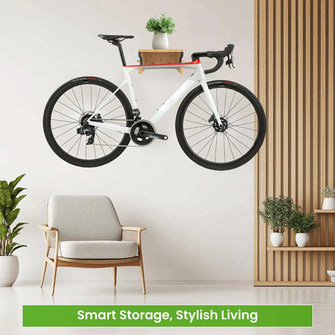 Wood Bike Wall Mount With Shelf And Hooks, All In One Road Bike Storage Rack For Helmets, Shoes, Gloves, Goggles, And Gear in living room