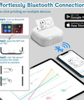Pocket Sized Portable Bluetooth Mini Sticker Maker With Slick Inkless Thermal Tech And One Roll Of Glossy Paper For Snappy Journaling Quick Study Flashcards And Chill Diy Projects showing Bluetooth connection steps