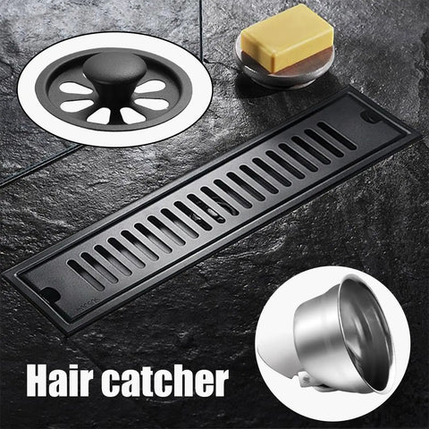 Slick Linear Shower Drain With Removable Grate Cover And Hardcore Hair Strainer For Zero Hassle Bathroom Drainage, showing hair catcher and stainless steel drain.