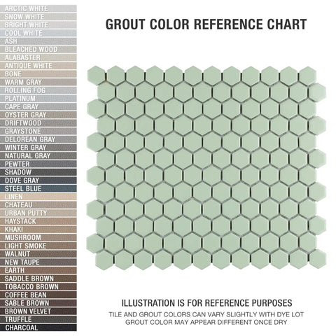 Metro Minty Hex Gloss Porcelain Tile For Floors And Walls, 1 Inch Hex, high sheen mosaic with grout color chart for reference.